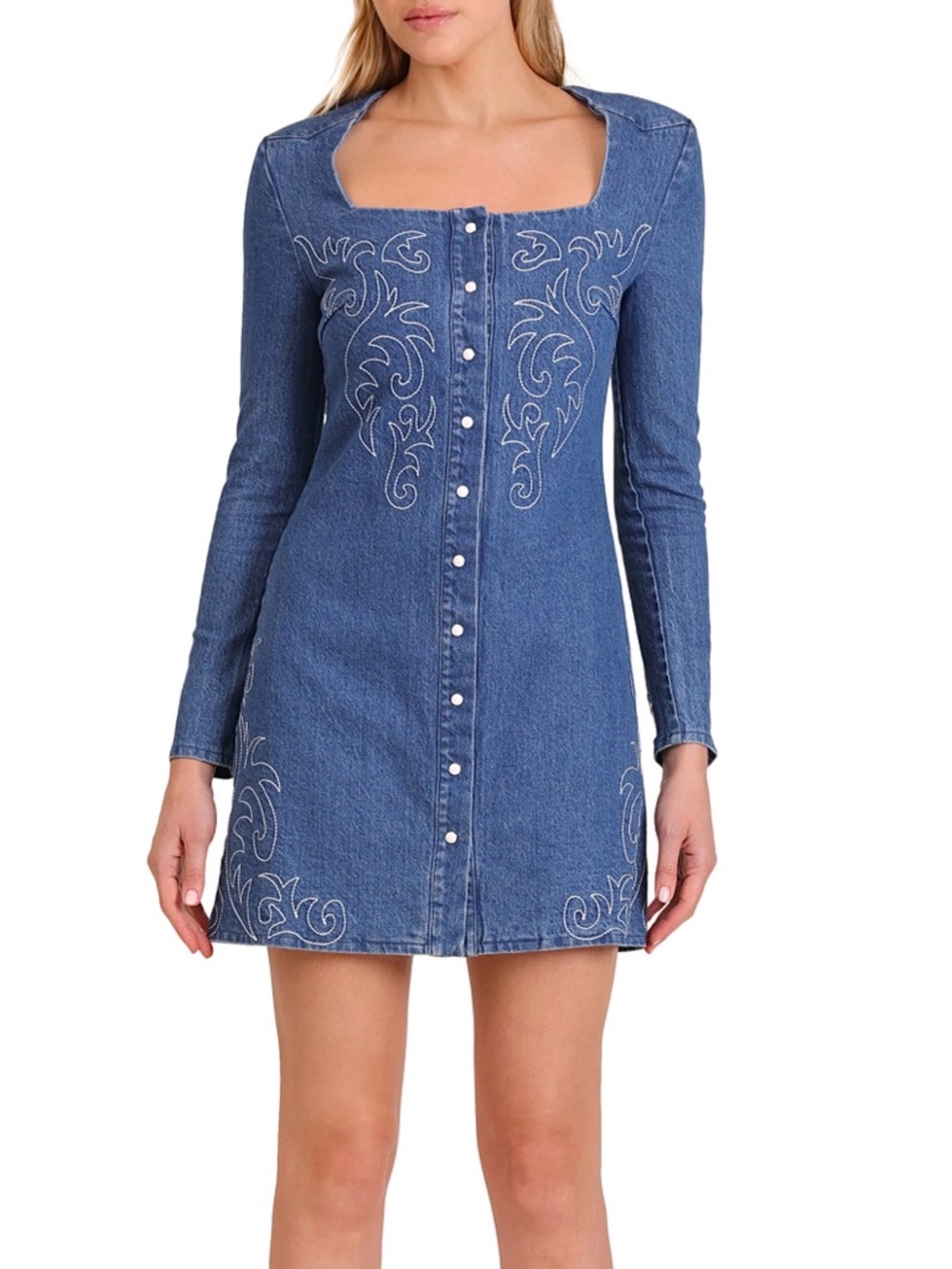 Avec Les Filles Denim Mini Dress Embroidered Western Snap Front Size 2 NWT